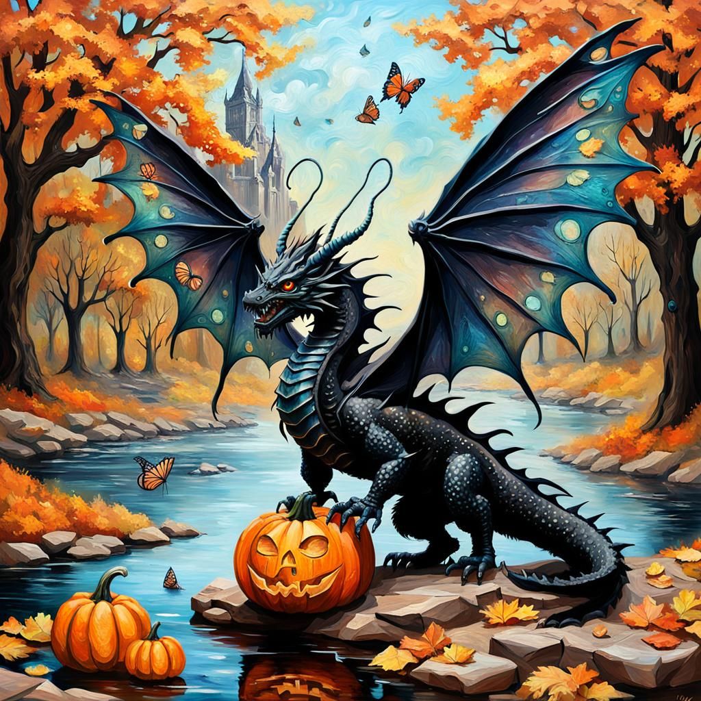 Steampunk Dragon with Butterfly Wings in Autumn