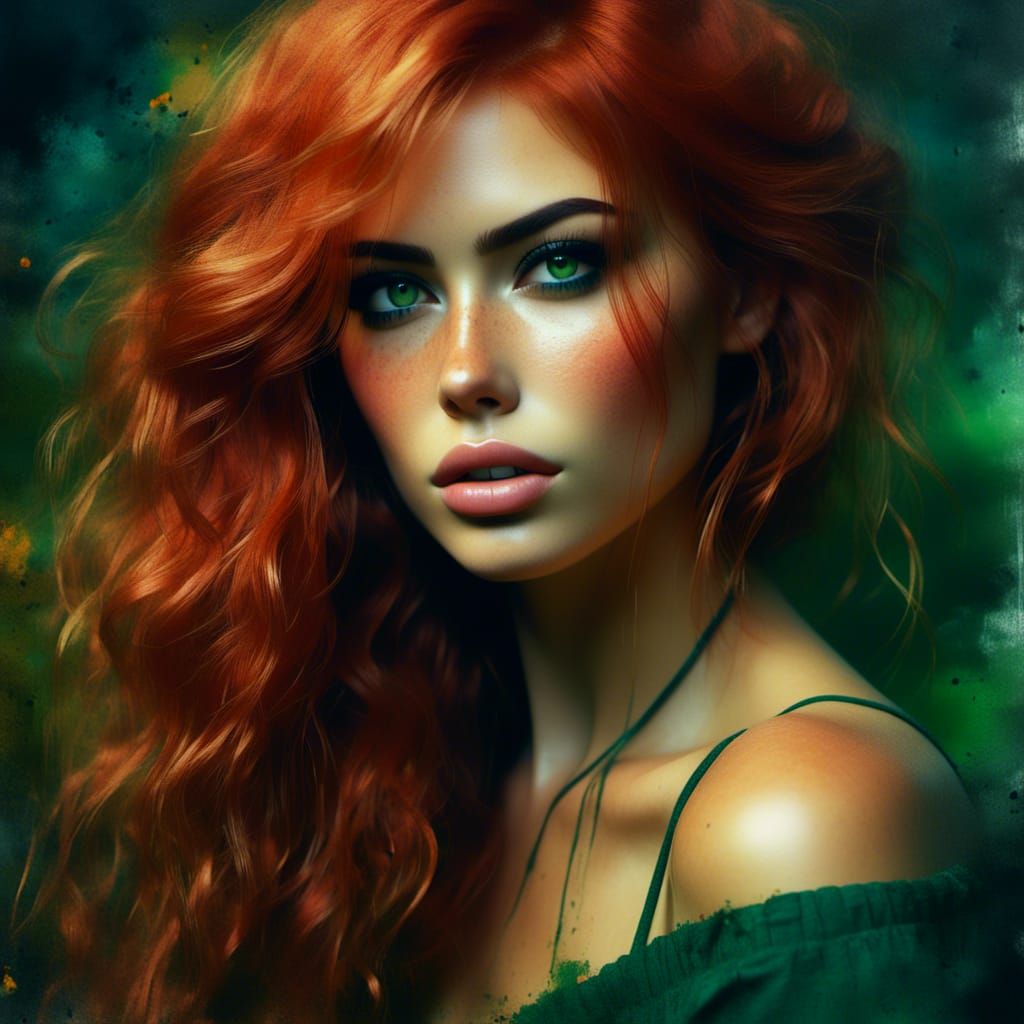 Vibrant Oil Portrait of a Redhead with Smokey Eyes