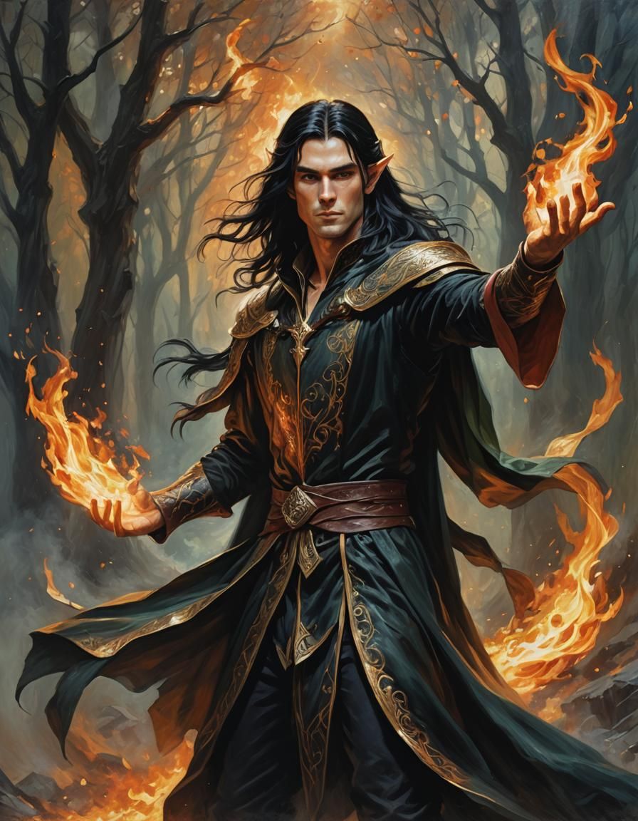 Elven Mage Casting Fire in Oil Painting Style