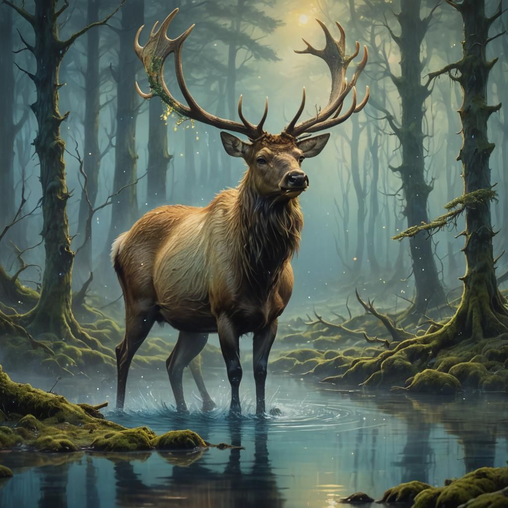 Elk in Dreamy Forest, Oil on Canvas Art