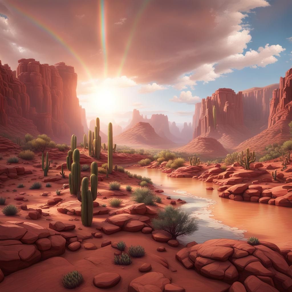 (Hyperrealistic:1.5) a canyon in a desert with pretty red ro...