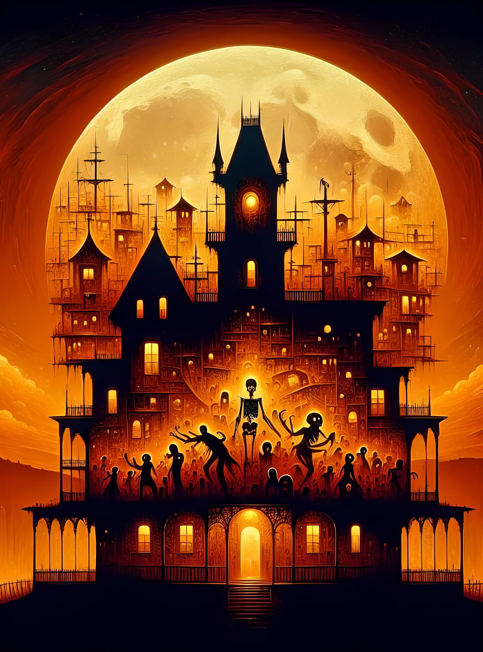 Haunted House Silhouette in 18th-Century Realist Style
