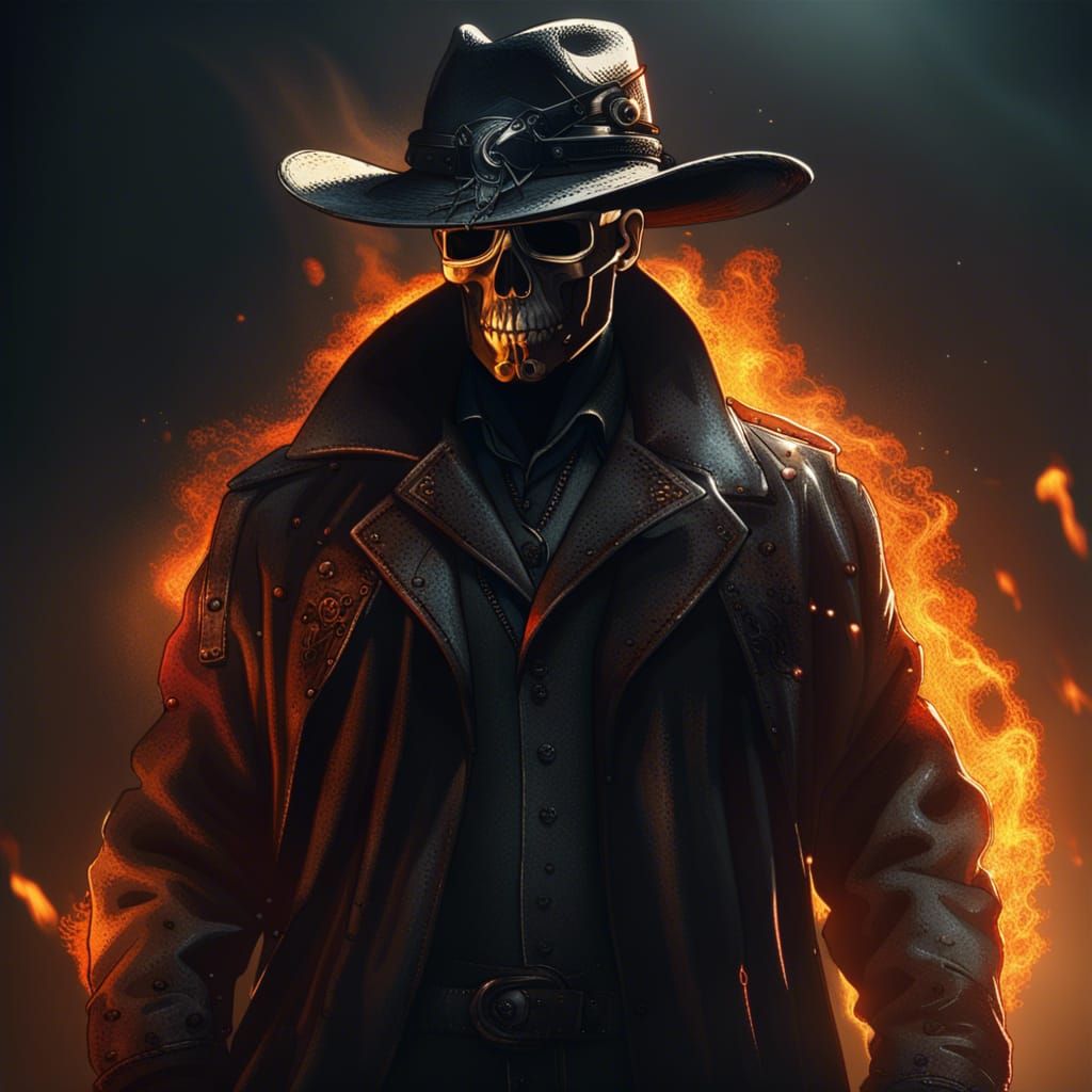 Flaming Skull Cowboy in Hyperdetailed Style