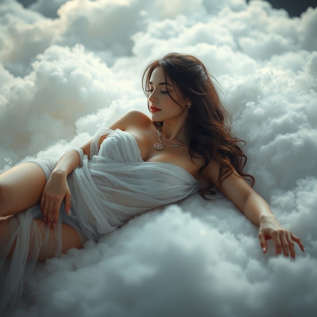 Ethereal Goddess Reclining on Clouds in Digital Matte Painti...