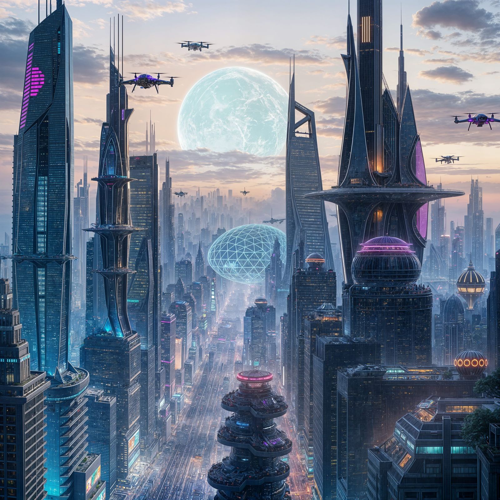 Sustainable Futuristic Cityscape with Towering Skyscrapers a...
