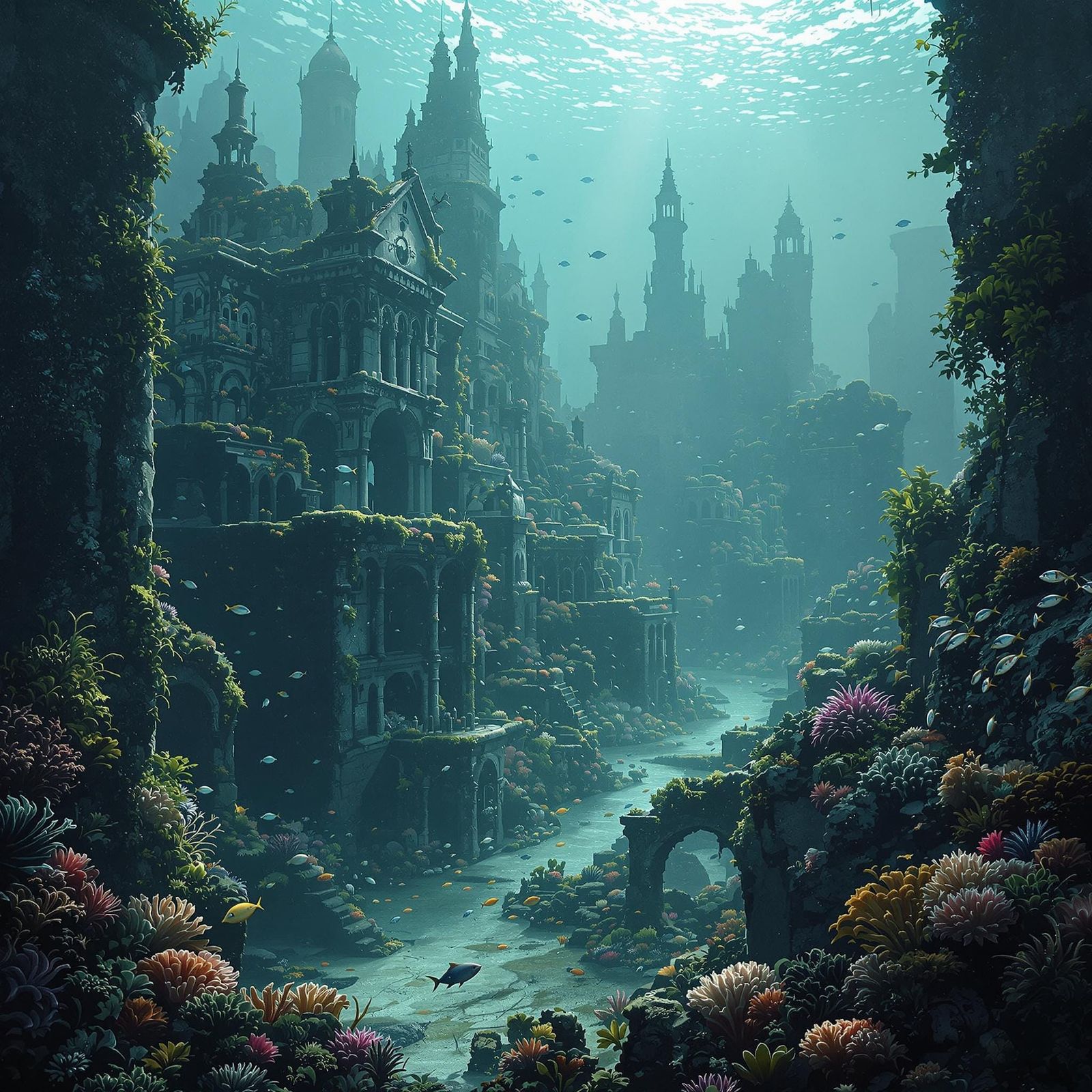 Majestic Submerged Metropolis in Cyberpunk Aesthetic