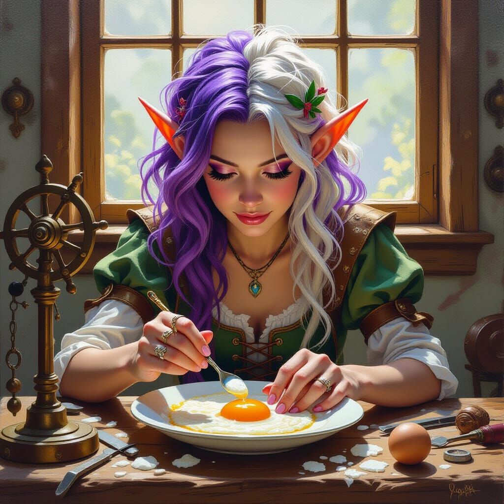 Elf's Rube Goldberg Egg Scrambler: Fantasy Oil Painting