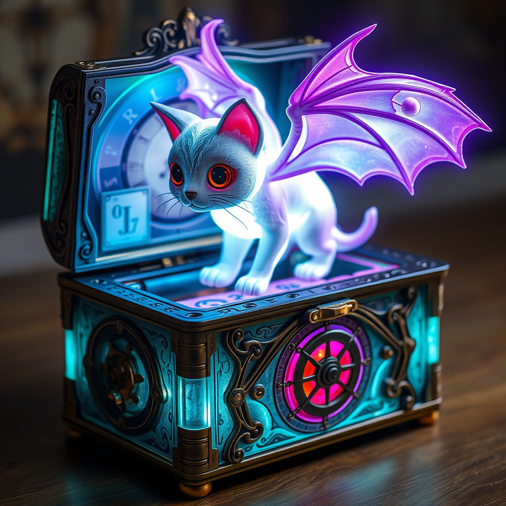 Holographic Cat-Bat Hybrid in Gothic Toy Box