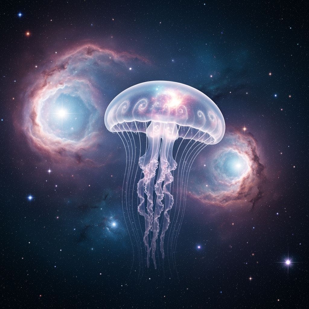 Celestial Jellyfish Floating Through Iridescent Galaxy