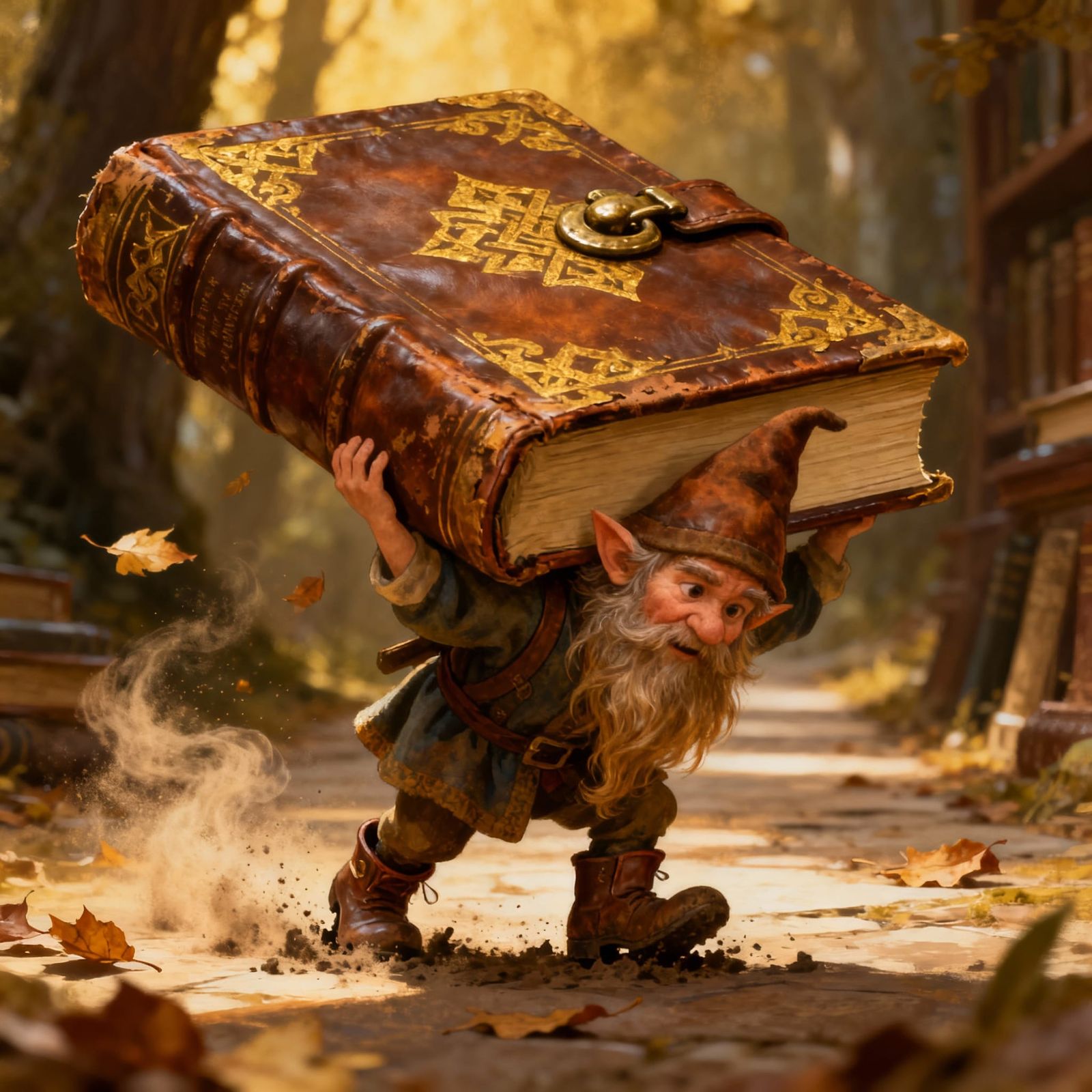 Gnome Carries Giant Ancient Book