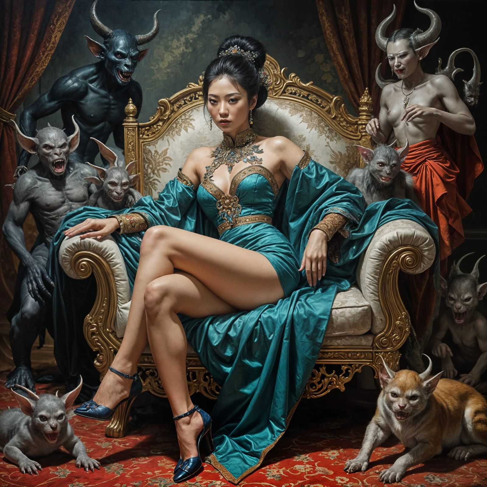 Elegant Asian Woman Poses with Demonic Imps in Oil Painting