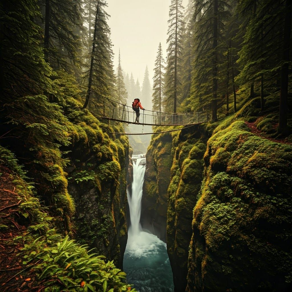 Hikers on Rope Bridge in Misty Conifer Canyon