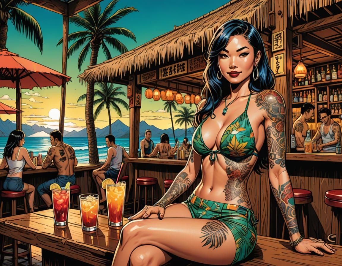 Tattooed Beauty in Tiki Bar, Comic Book Art