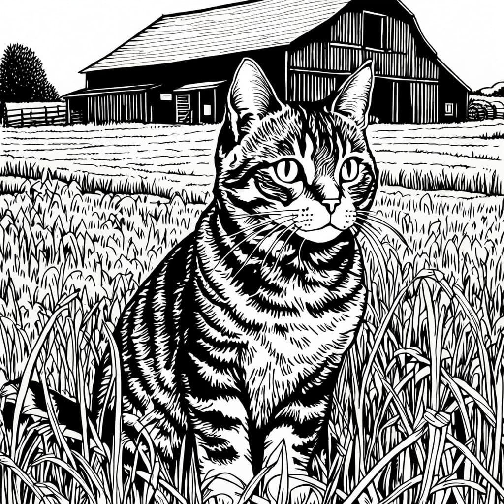 Tabby Cat Before Barn and Haystacks: Line Art
