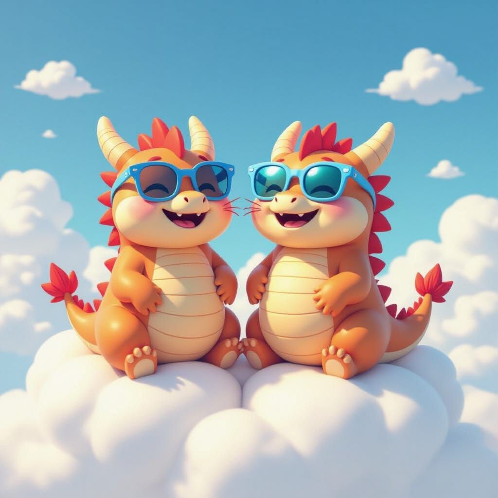 Cute Dragon Creatures in Classic Disney Style on Cloud