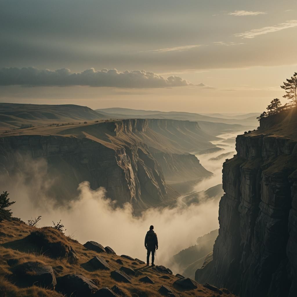 Misty Landscape with Lone Figure in Cinematic Style