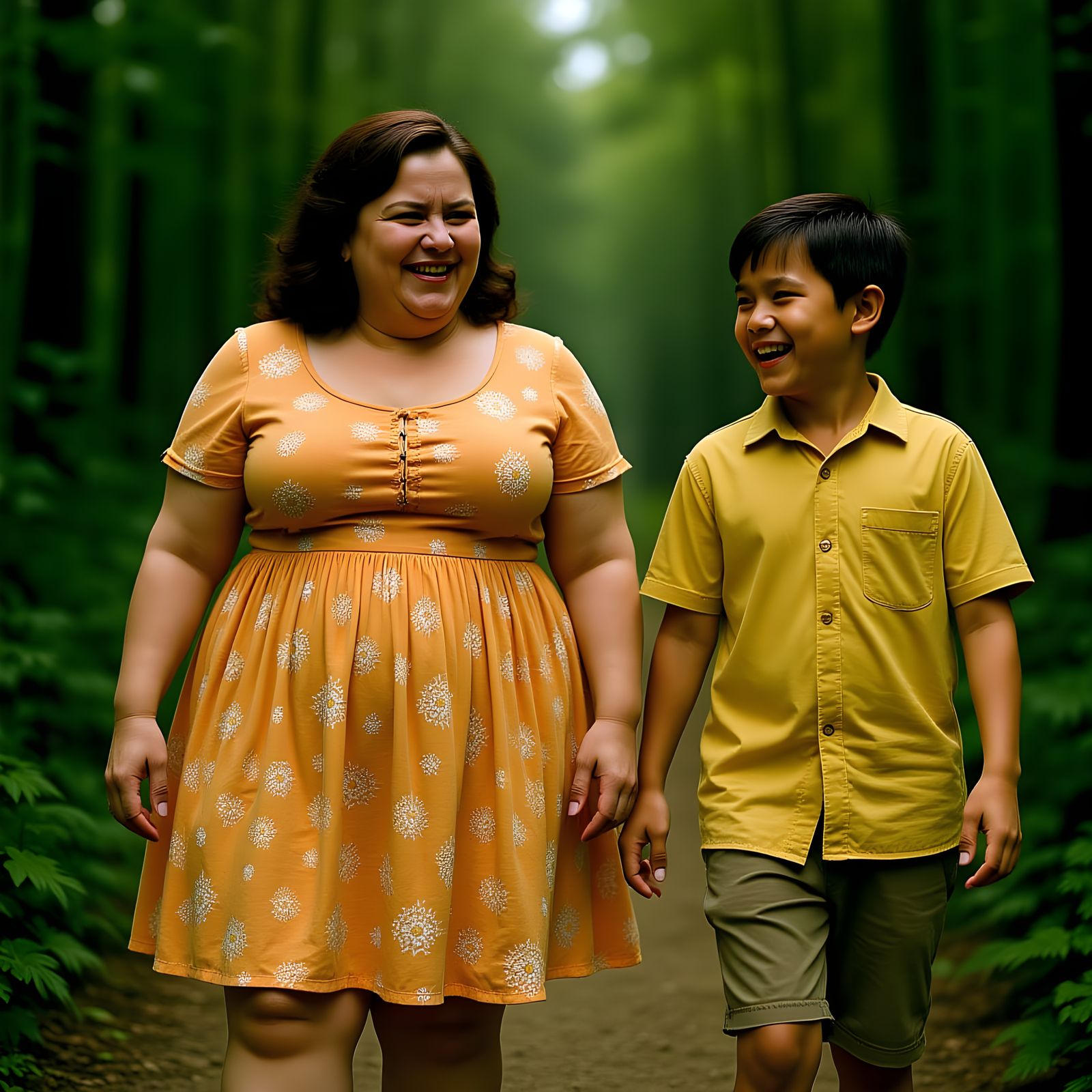 Woman and Boy Laughing in Rainforest, Cinematic Film Still
