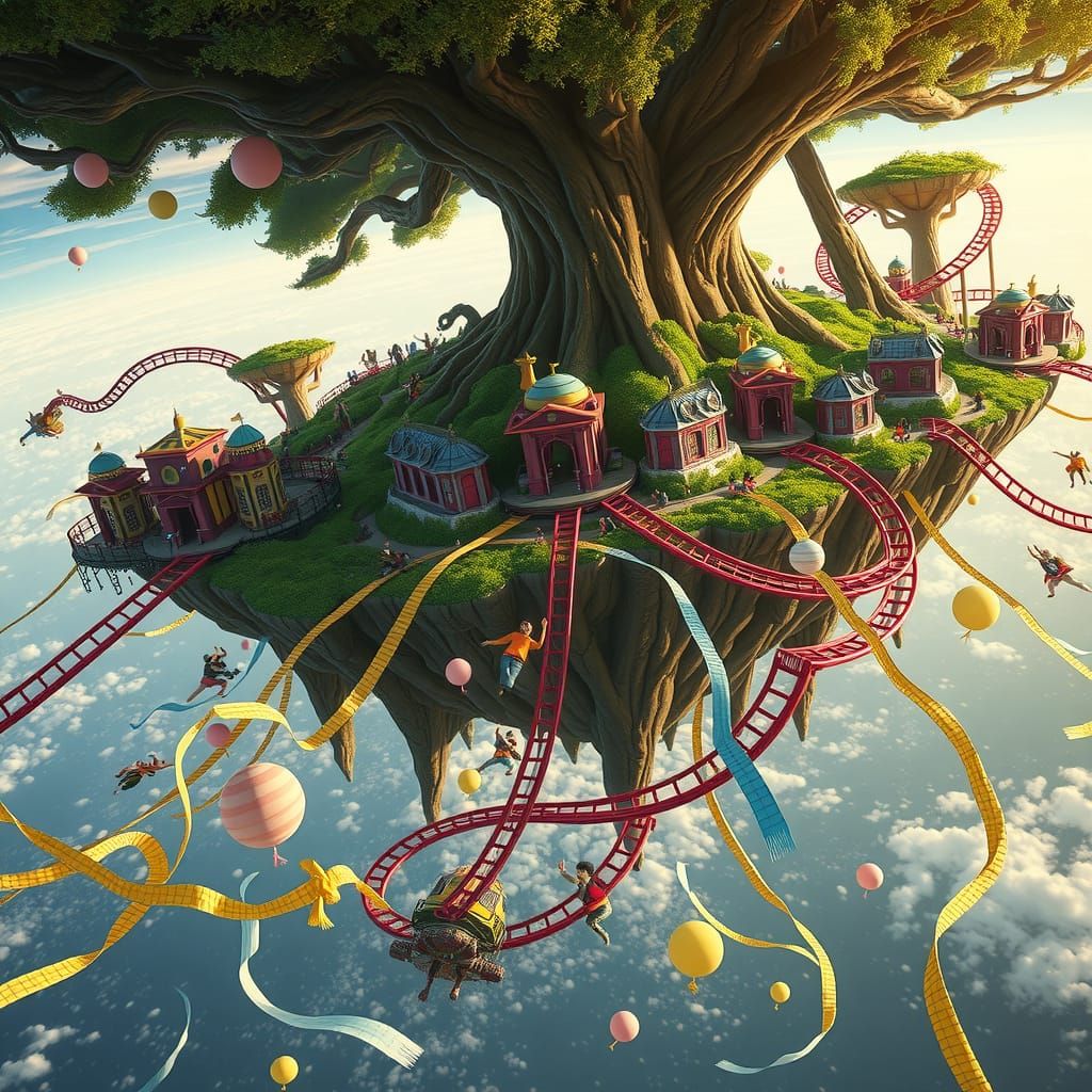 Floating Island Theme Park in Whimsical Style