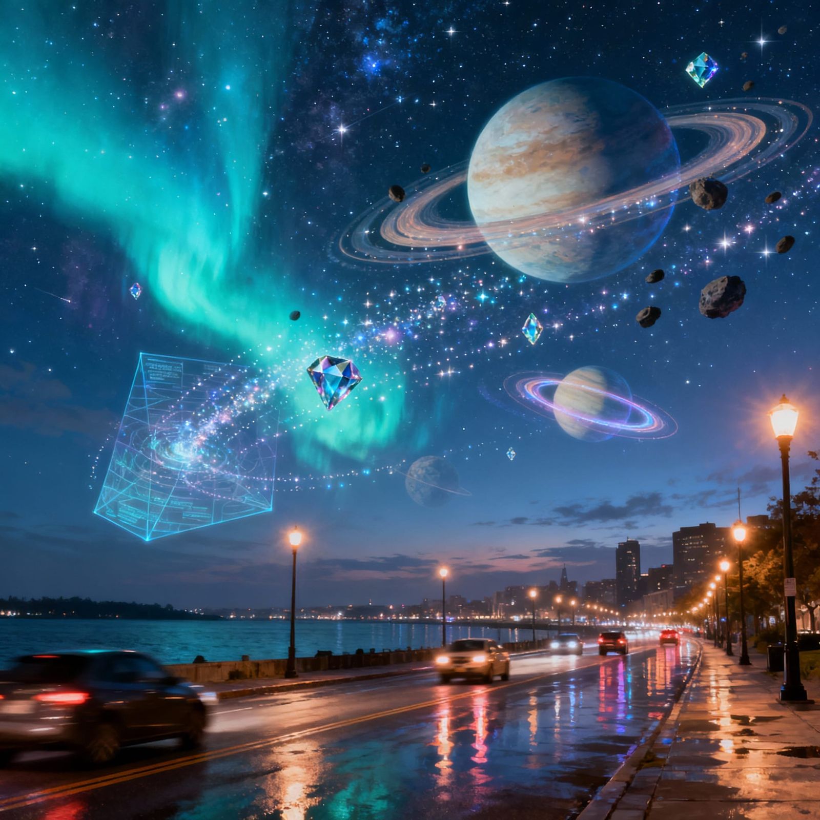 Vibrant City Waterfront Under Aurora and Planets