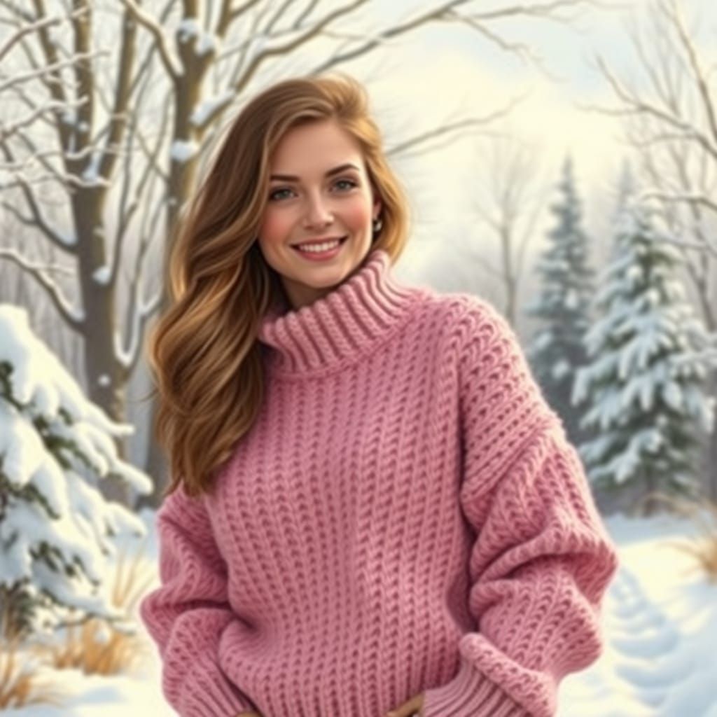 Woman in Pink Sweater in Winter Landscape