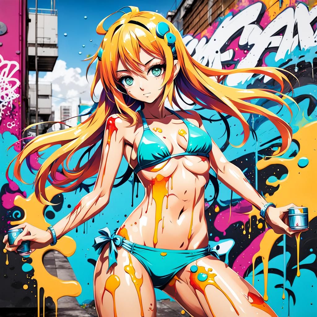Anime Girl in Bikini as Graffiti Splash Art