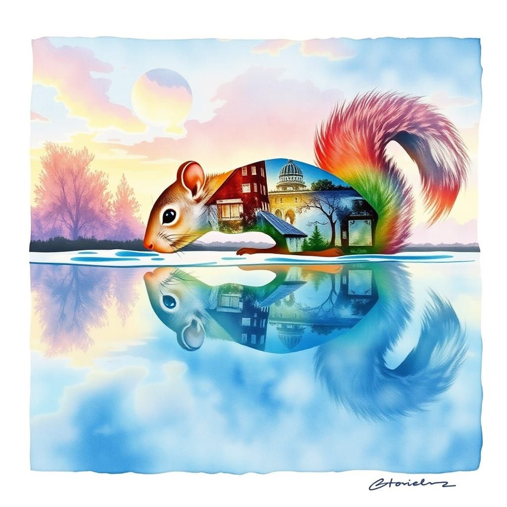 Whimsical Watercolor Squirrel in Summer Reflection