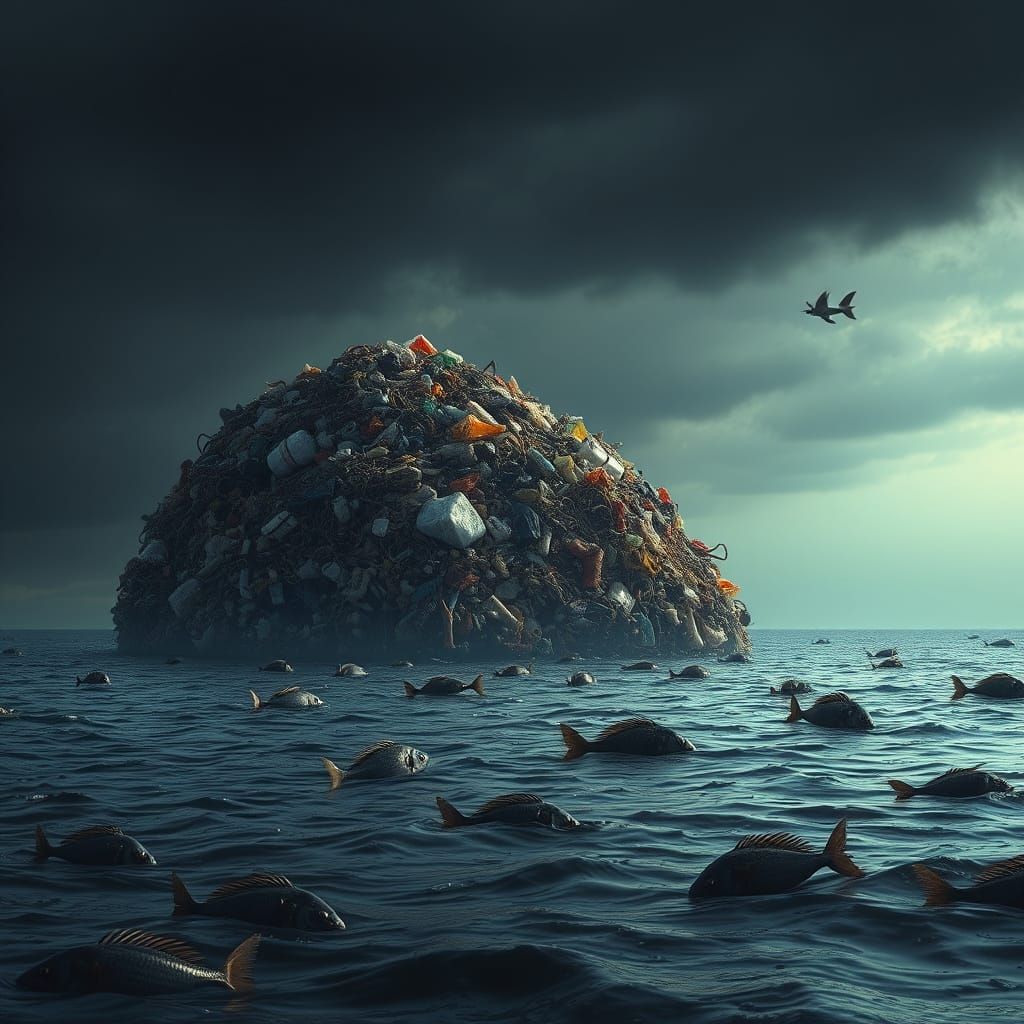 Giant Plastic Waste Island on Dark Ocean, Hyperrealistic Sty...