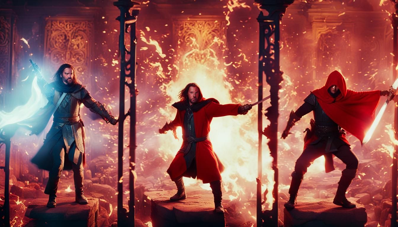 Adventurers with Flaming Weapons in Cinematic Film Still