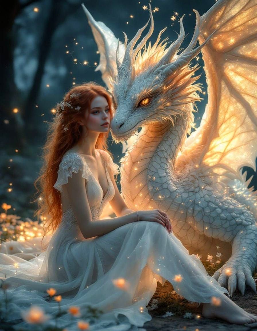 Enchanted Ethereal Beauty with Dragon in a Sparkling Nightti...