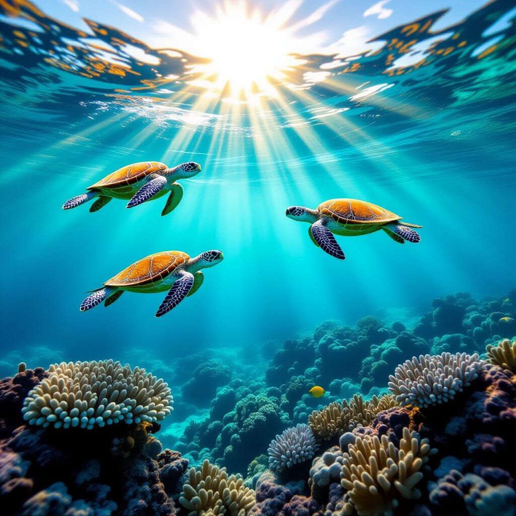 Underwater Sunrise With Sea Turtles on Coral Reef