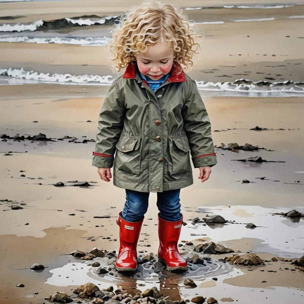 Child on Beach in Hyperrealistic Watercolor Style