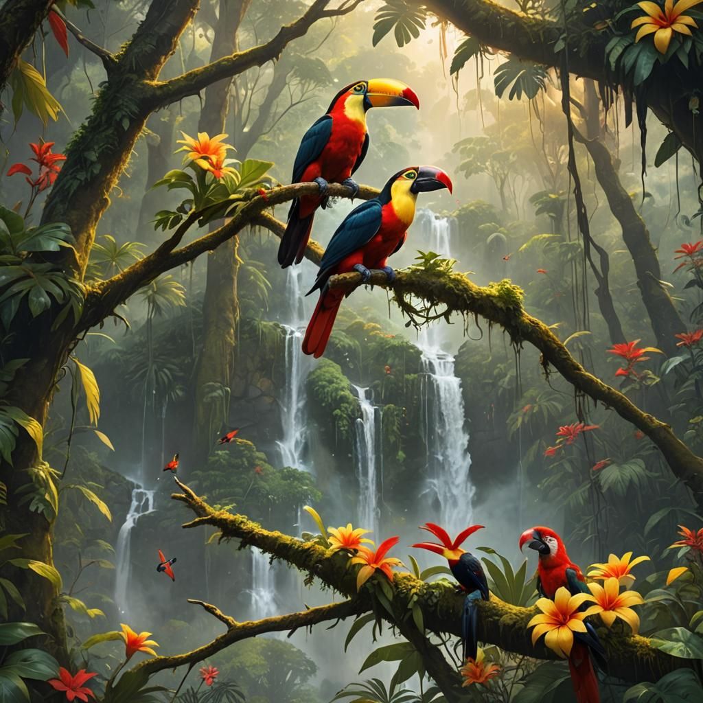Toco Toucan and Macaws in Fantasy Forest Art