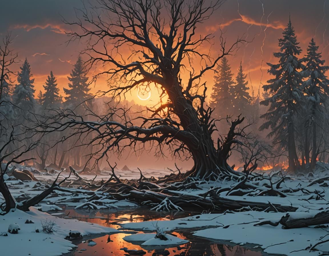 Cracked Ice and Fiery Sky: Cinematic Digital Painting