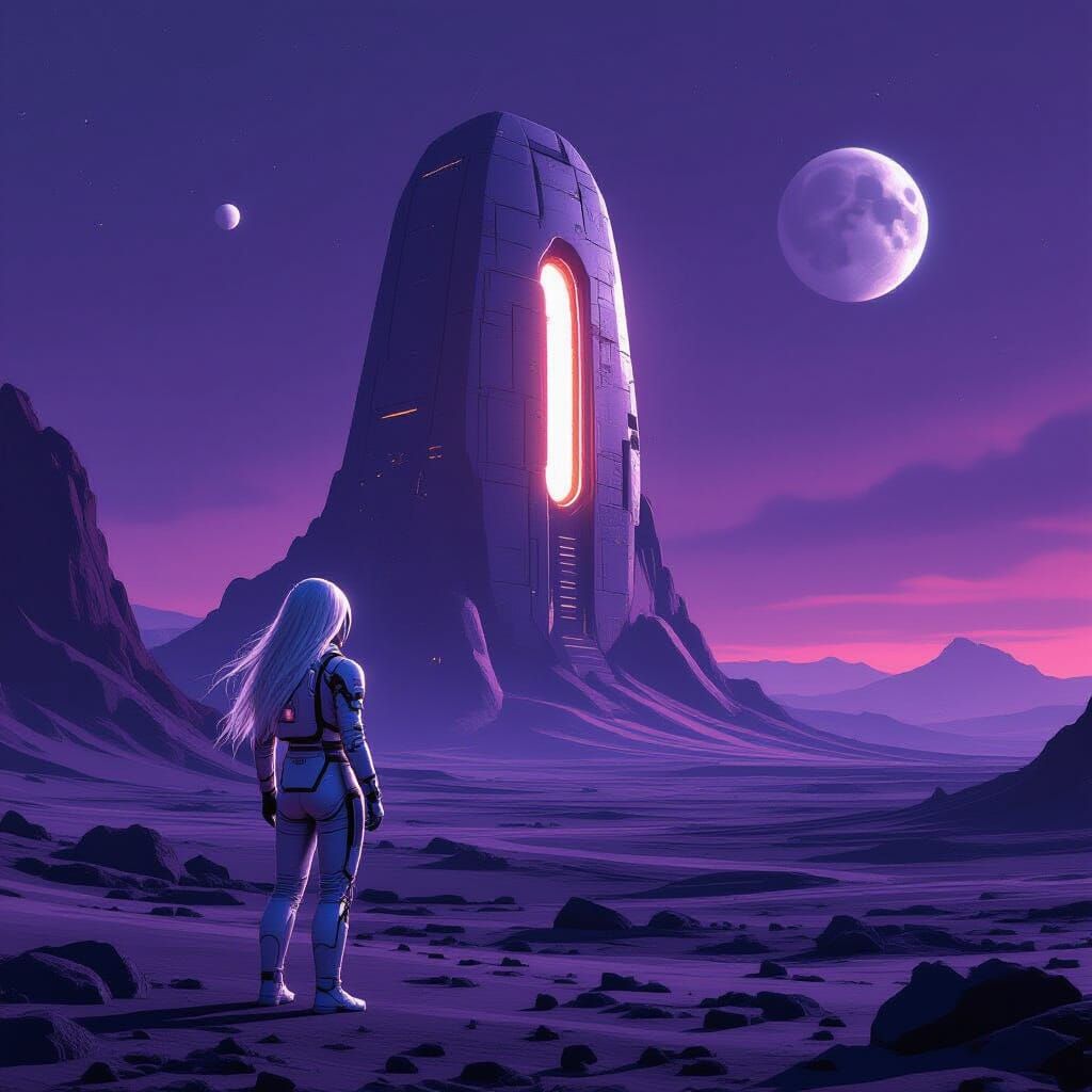 Astronaut Gazes at Pulsing Alien Artifact on Desolate Planet