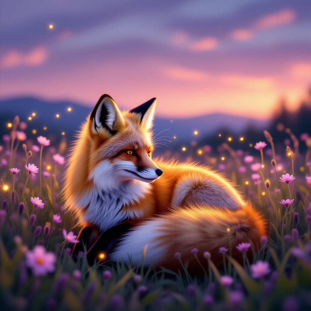 Glowing Fox in Wildflower Meadow at Twilight