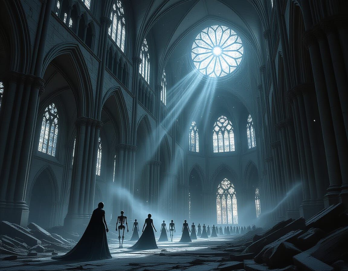 Gothic Cathedral Ruins Dance: Skeletons Waltz Under Celestia...