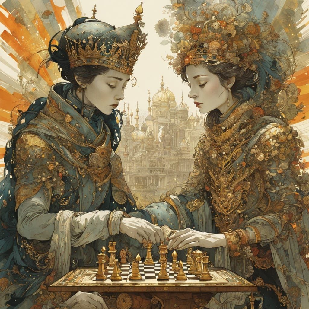 Watercolor Chess Game: King Beats Queen in Maximalist Style