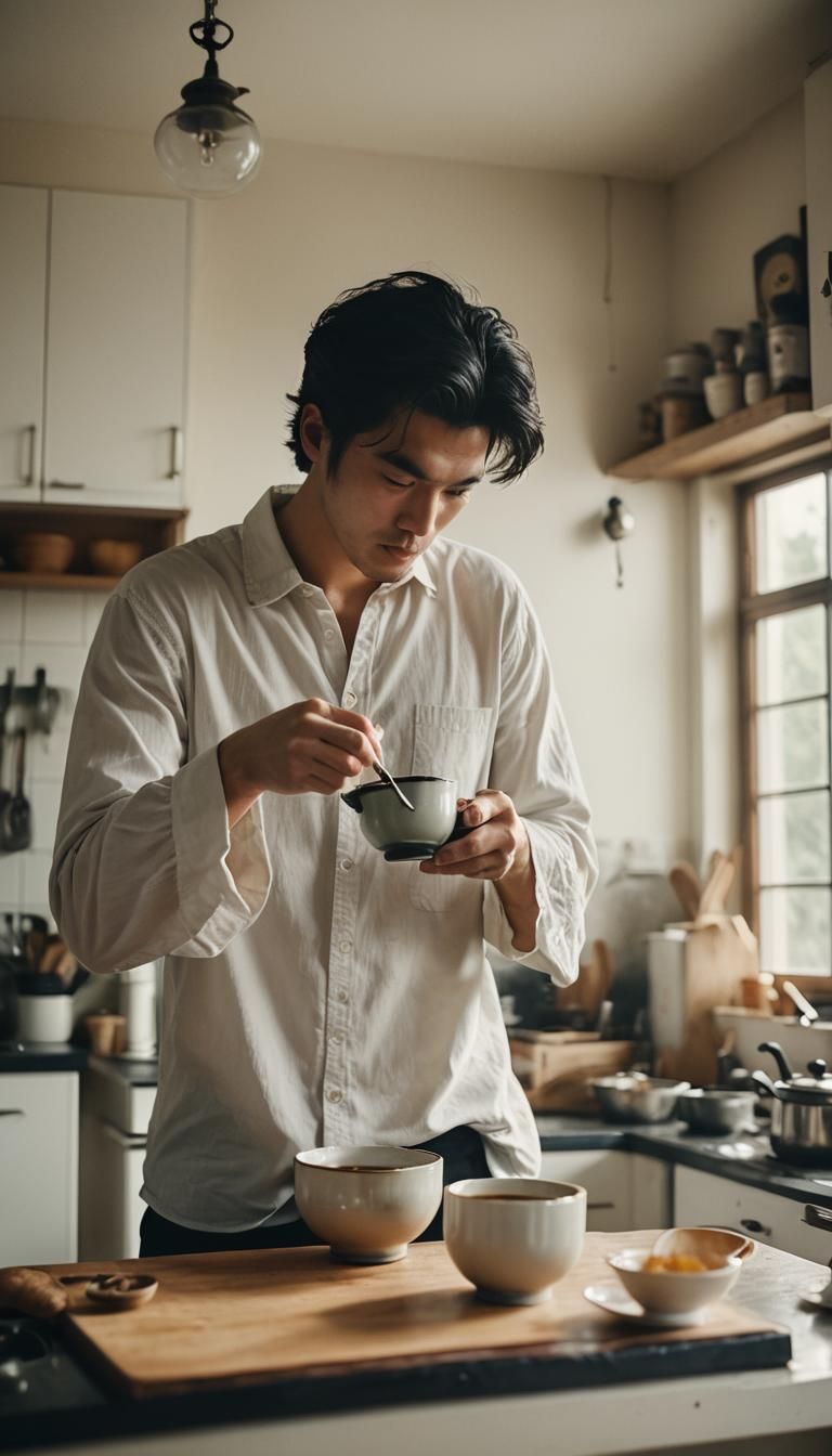 Cinematic Young Man Drinking Tea in Kitchen