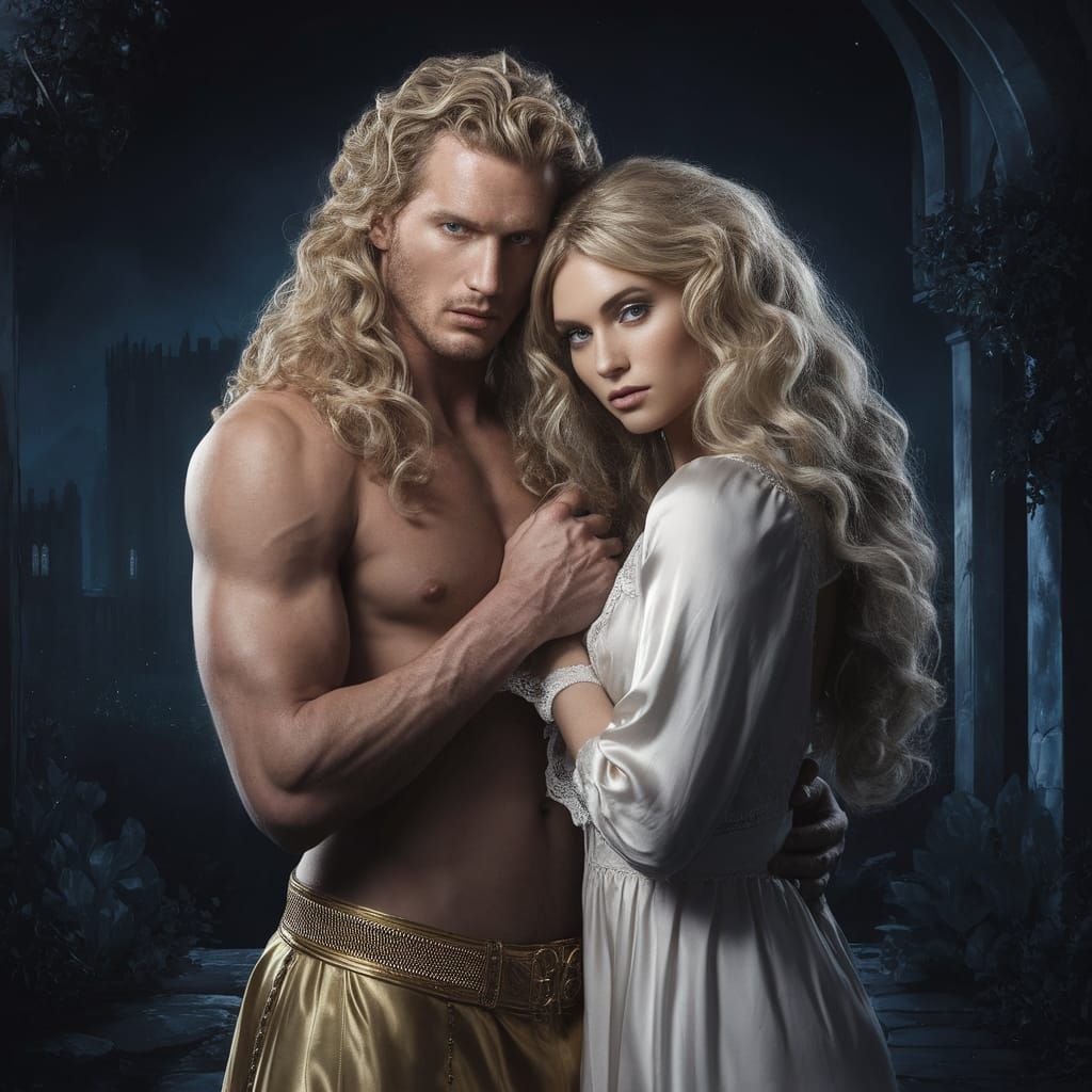 Charming Couple Embracing in Dark Castle Ambiance