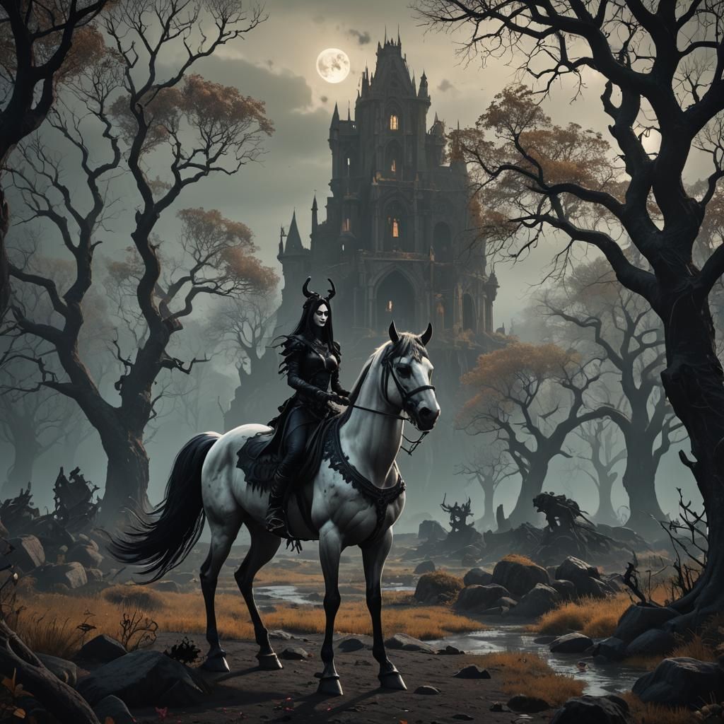 Gothic Girl Centaur in Spooky Fantasy Landscape
