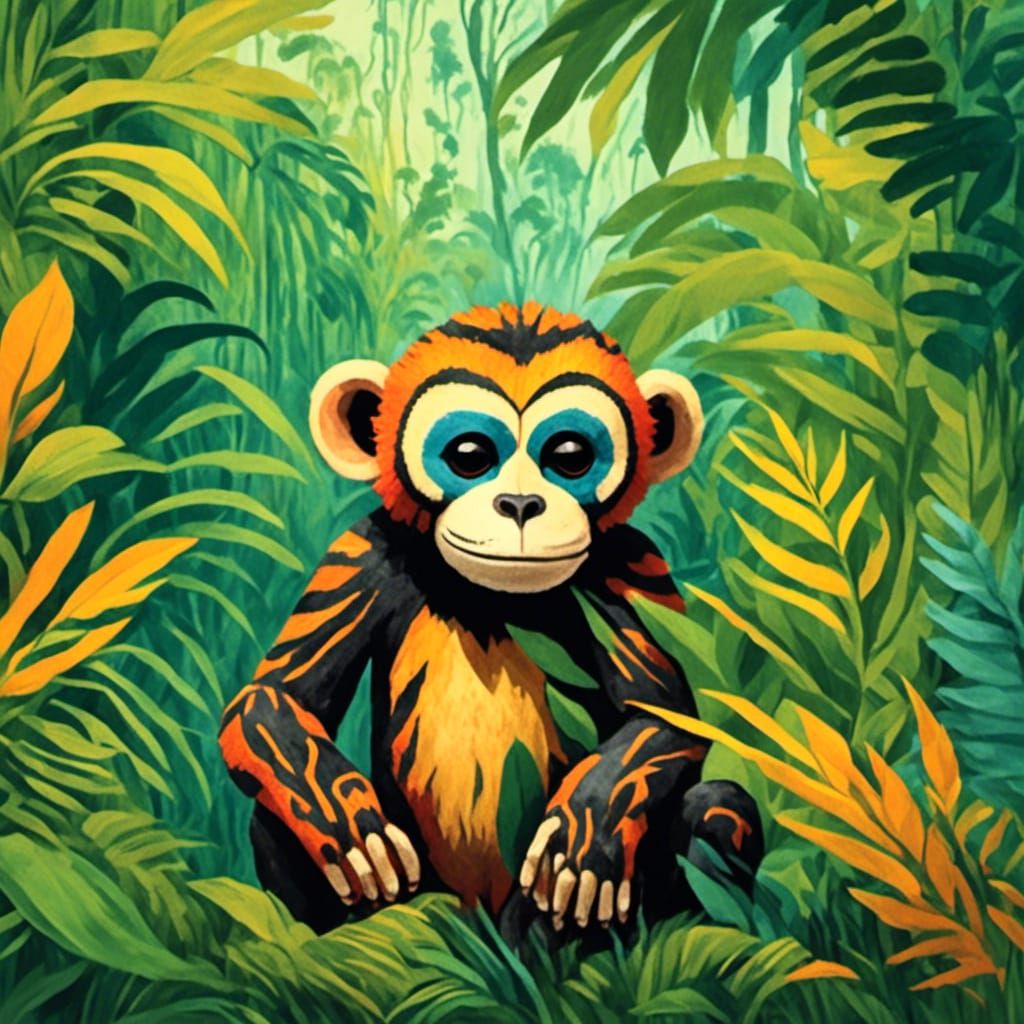 Monkey Imitating Human in Rousseau-Inspired Jungle Art