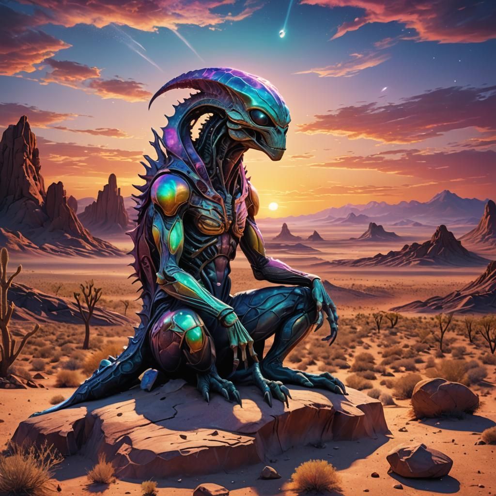 Alien Beast at Desert Sunset: Cosmic Illustration
