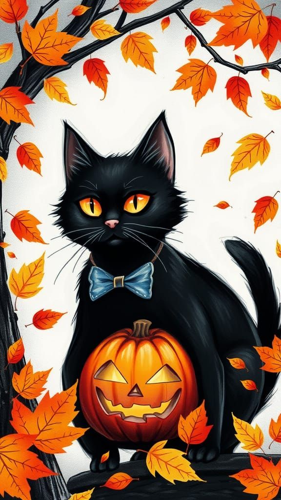 Halloween Black Cat with Jack-o'-Lantern Drawing