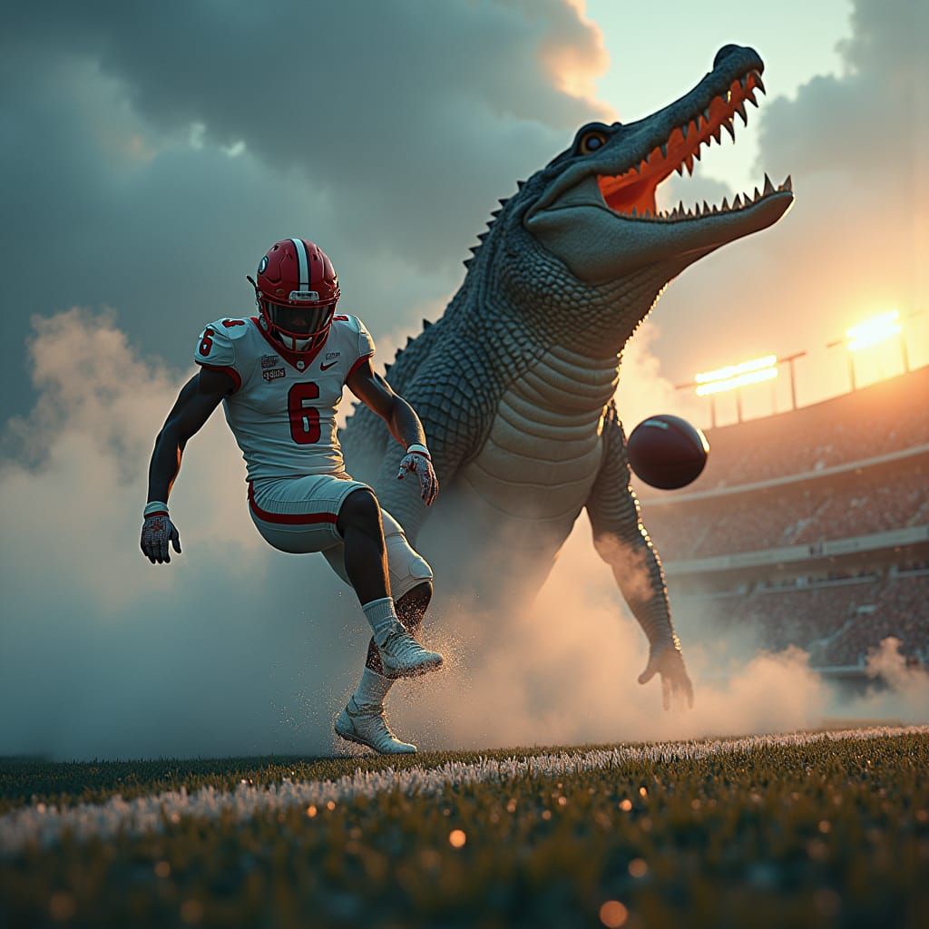 Surreal Football Scene with Alligator, Matte Painting Style