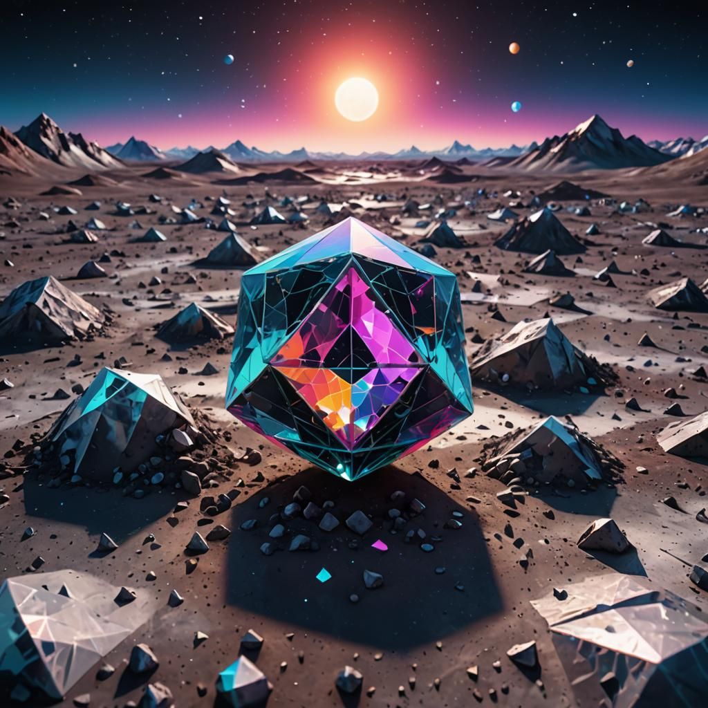 Crystal Icosahedron on the Moon in Low-Poly Art