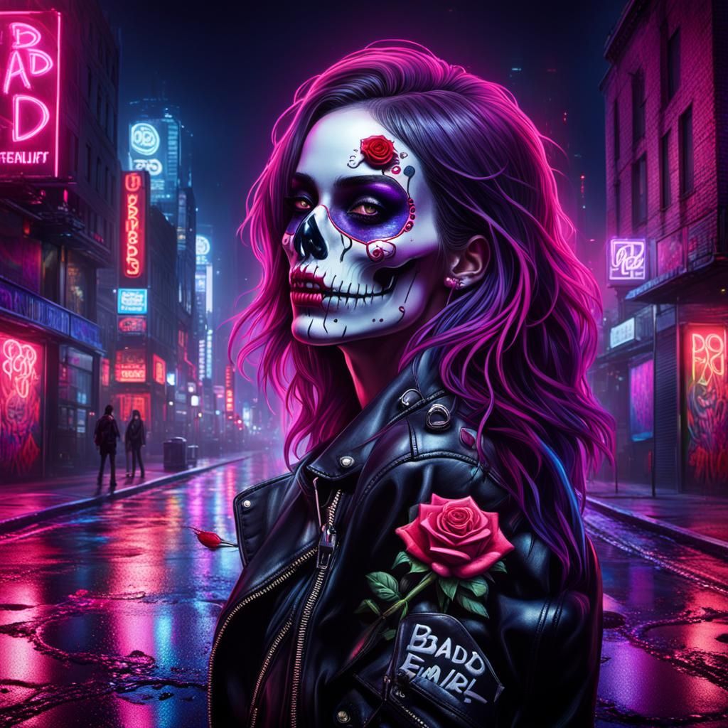 Skull Woman with Rose in Mouth, Hyperrealistic Splash Art