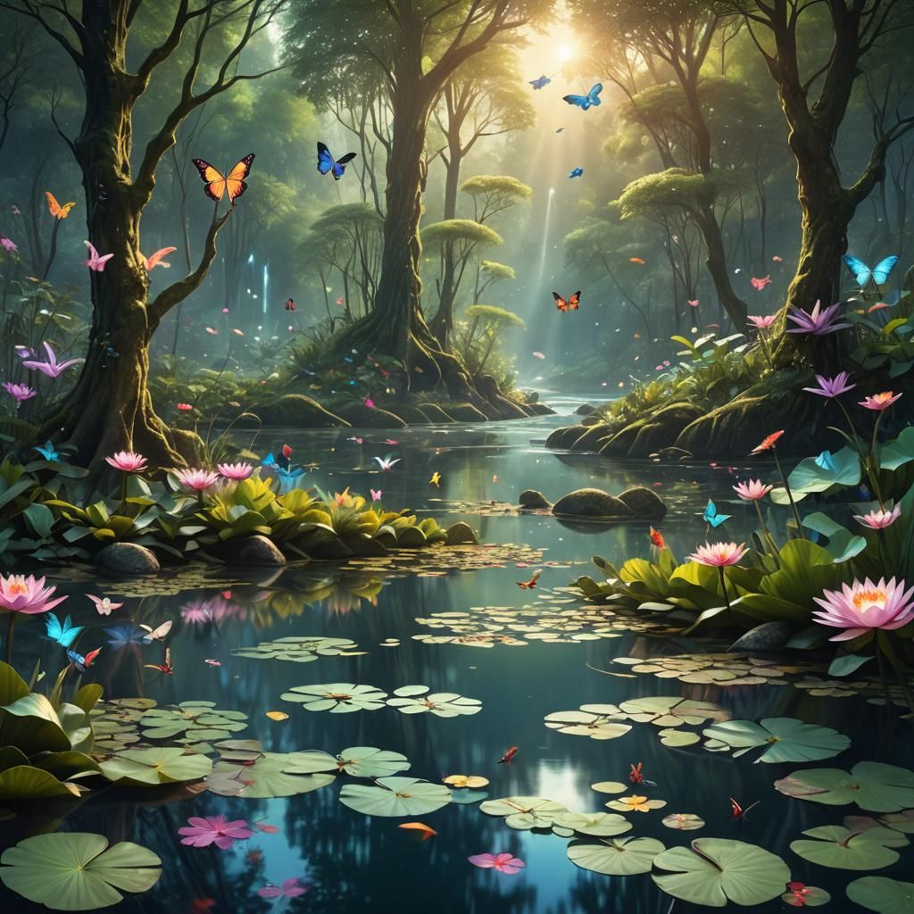 Mystical Forest: Panoramic River Scene in Fantasy Art