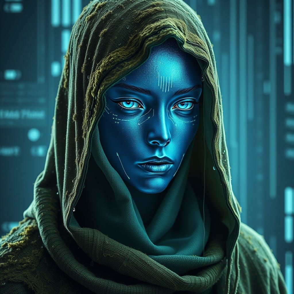 Mysterious Cybernetic Figure in Moss-Green Hood