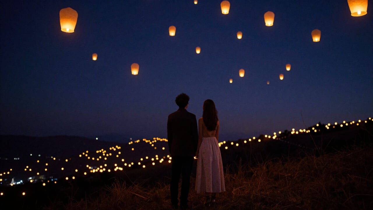 Romantic Lantern Release Under Starry Night Sky