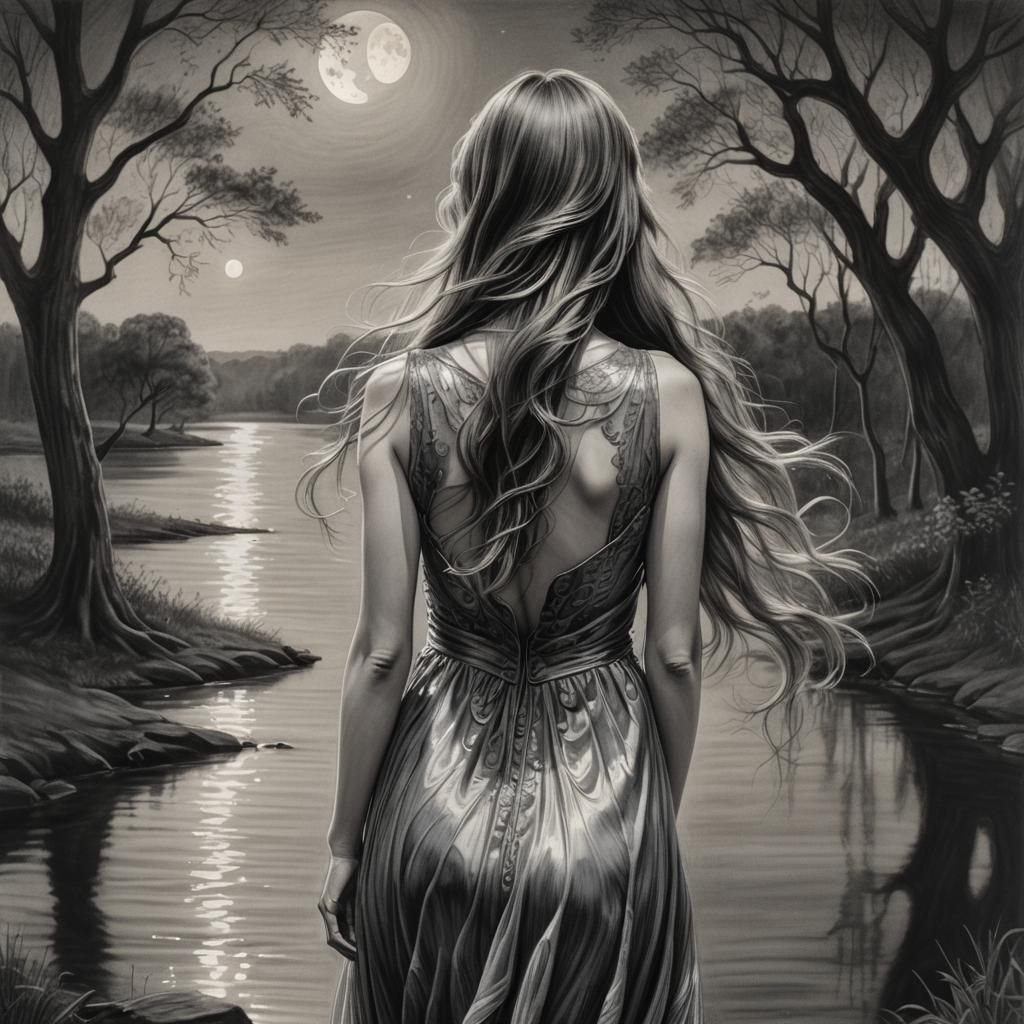 Moonlit Grove: Hyperdetailed Charcoal Drawing of Woman